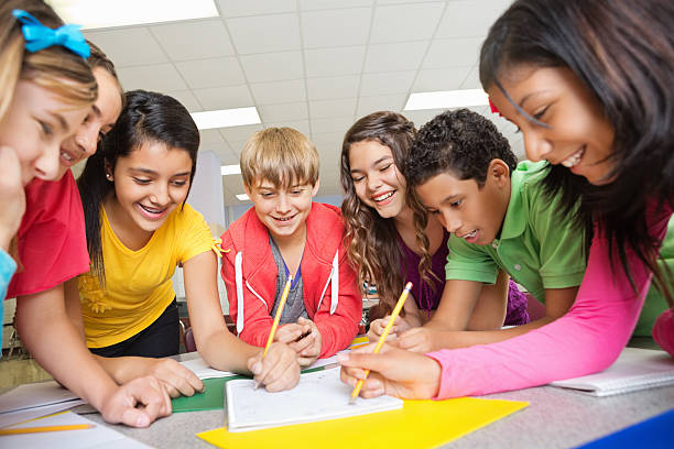 Group of middle school students working on project together.
Source: https://www.gettyimages.com/photos/middle-school-kids-classroom 